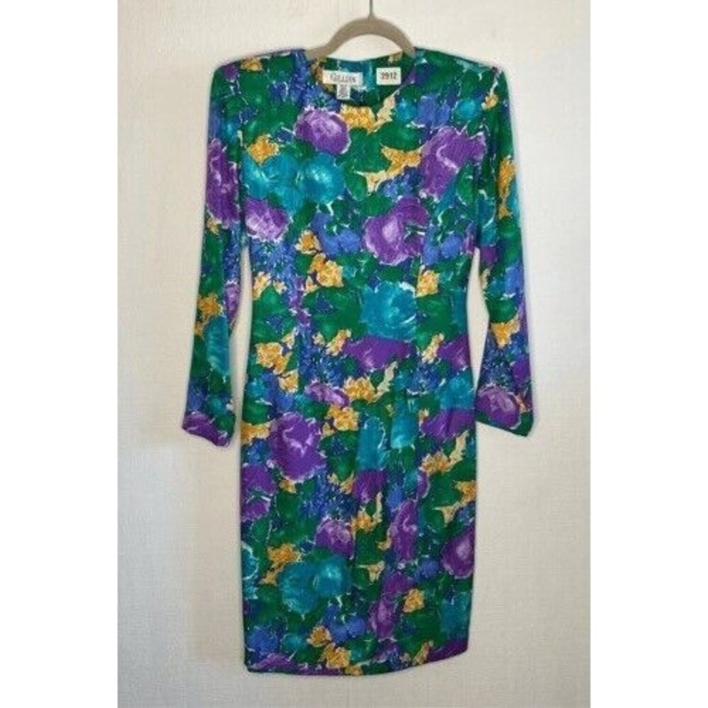 VTG 70 Gillian Green/Purple Floral OpenBack Shift Midi Dress Women 6‎ Korea Silk